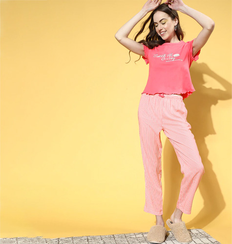 Women Pink Striped Sleep Staple Night Suit